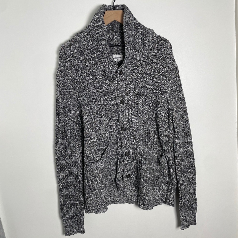 Goodfellow Cardigan Sweater Men L Gray Shawl Collar Chunky Knit Old Money Preppy